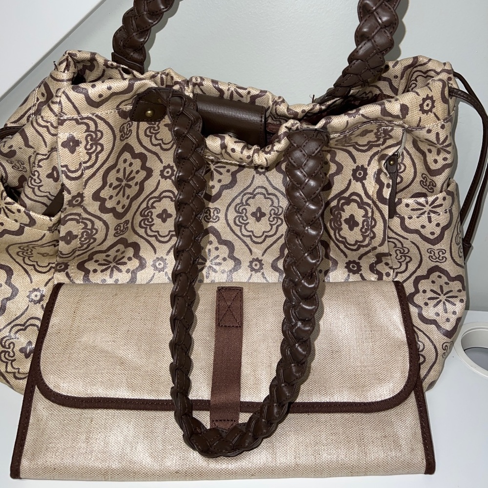 Pottery Barn Kids Preppy Tote Diaper Bag Large Leather Braided Handles EUC